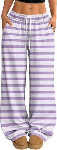 Womens Wide Leg Sweatpants High Waisted Baggy Active Striped Pants with Pockets in Kuwait