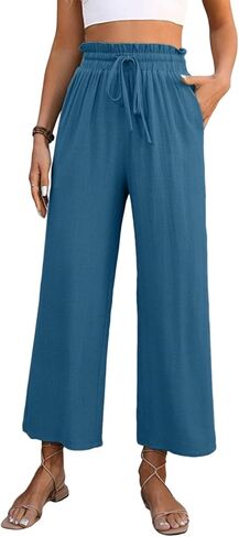 Cropped Pants for Women Linen Casual Ruffle High Waisted Drawstring Palazzo Pants Vacation Beach Trousers with Pockets in Saudi Arabia