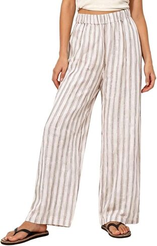 Amazhiyu Women's 100% Linen Summer Casual Elastic Waist Stripes Wide Leg Pants in Kuwait