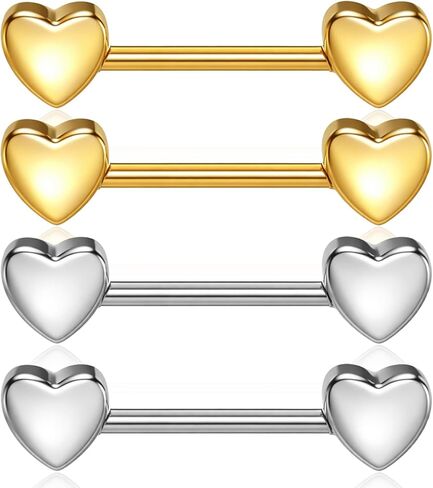 2Pairs 14G Nipple Piercing, Heart Nipple Ring, Stainless Steel Love Heart Straight Tongue Ring Nipples Barbells Piercing Jewelry for Women(Gold, Silver) in Kuwait