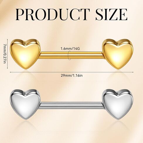 2Pairs 14G Nipple Piercing, Heart Nipple Ring, Stainless Steel Love Heart Straight Tongue Ring Nipples Barbells Piercing Jewelry for Women(Gold, Silver) in Kuwait