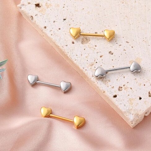 2Pairs 14G Nipple Piercing, Heart Nipple Ring, Stainless Steel Love Heart Straight Tongue Ring Nipples Barbells Piercing Jewelry for Women(Gold, Silver) in Kuwait