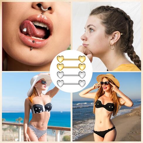 2Pairs 14G Nipple Piercing, Heart Nipple Ring, Stainless Steel Love Heart Straight Tongue Ring Nipples Barbells Piercing Jewelry for Women(Gold, Silver) in Kuwait