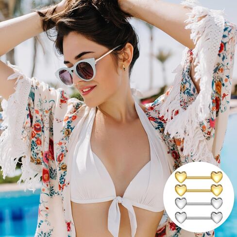 2Pairs 14G Nipple Piercing, Heart Nipple Ring, Stainless Steel Love Heart Straight Tongue Ring Nipples Barbells Piercing Jewelry for Women(Gold, Silver) in Kuwait