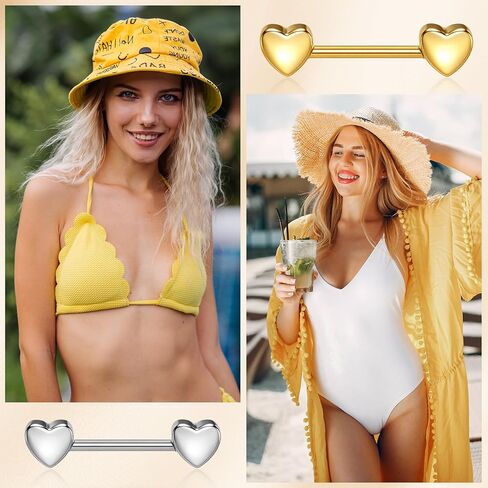 2Pairs 14G Nipple Piercing, Heart Nipple Ring, Stainless Steel Love Heart Straight Tongue Ring Nipples Barbells Piercing Jewelry for Women(Gold, Silver) in Kuwait