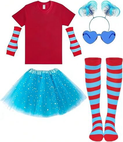 مجموعة إكسسوارات توتو زرقاء للفتيات من 6 قطع، تي شيرت مخطط وجوارب عالية وعصابة رأس للحفلات in Kuwait