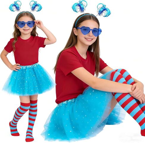 مجموعة إكسسوارات توتو زرقاء للفتيات من 6 قطع، تي شيرت مخطط وجوارب عالية وعصابة رأس للحفلات in Kuwait