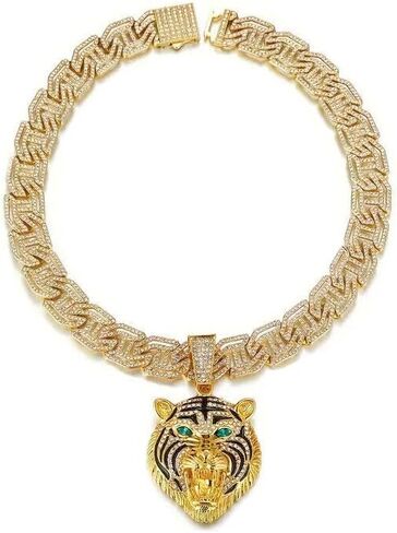 Tiger Head Iced Gold Silver plated Cubic Zirconia Pendant & 16mm 20" Bust Down Chain Hip Hop Necklace in Saudi Arabia