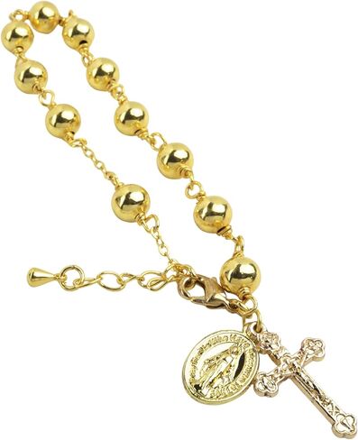 Needzo Gold Tone First Communion Rosary Bracelet, Beaded Chain with Cross and Miraculous Medal Charms, Catholic Religious Gift Keepsake for Eucharist or RCIA in Saudi Arabia