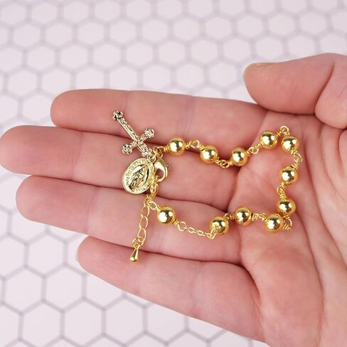 Needzo Gold Tone First Communion Rosary Bracelet, Beaded Chain with Cross and Miraculous Medal Charms, Catholic Religious Gift Keepsake for Eucharist or RCIA in Saudi Arabia