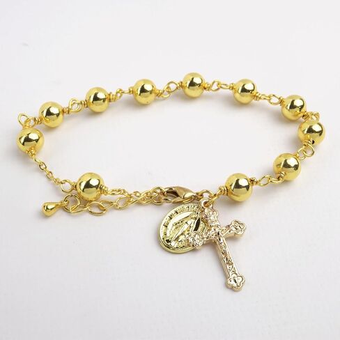 Needzo Gold Tone First Communion Rosary Bracelet, Beaded Chain with Cross and Miraculous Medal Charms, Catholic Religious Gift Keepsake for Eucharist or RCIA in Saudi Arabia