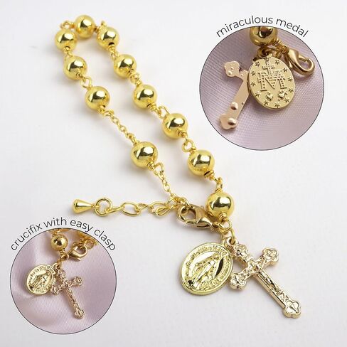 Needzo Gold Tone First Communion Rosary Bracelet, Beaded Chain with Cross and Miraculous Medal Charms, Catholic Religious Gift Keepsake for Eucharist or RCIA in Saudi Arabia