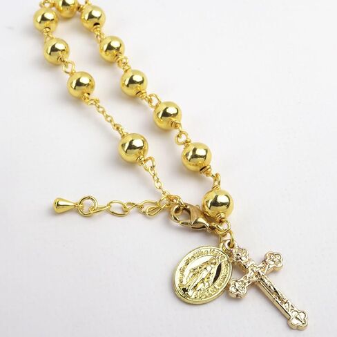Needzo Gold Tone First Communion Rosary Bracelet, Beaded Chain with Cross and Miraculous Medal Charms, Catholic Religious Gift Keepsake for Eucharist or RCIA in Saudi Arabia