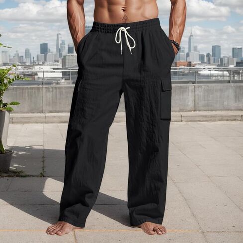 Mens Casual Linen Cargo Pants Summer Loose fit Lightweight Drawstring Pants Elastic Waist Beach Trousers with Pockets in Saudi Arabia