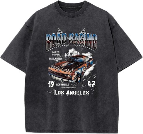 Vintage Race Car Shirts for Boys Kids Cool Graphic Tees Acid Wash Streetwear Road Racing Print Short Sleeve T Shirt in Saudi Arabia