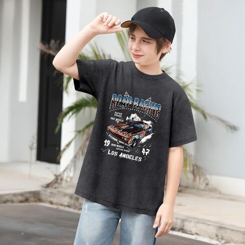 Vintage Race Car Shirts for Boys Kids Cool Graphic Tees Acid Wash Streetwear Road Racing Print Short Sleeve T Shirt in Saudi Arabia