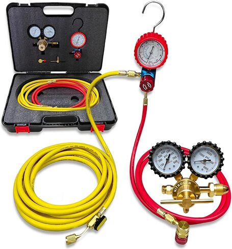 طقم اختبار تسرب ضغط النيتروجين للسيارات/HVAC. أدوات اختبار الضغط، تتضمن منظمًا، ومشعب صمام واحد، وخرطوم أحمر 1/4 بوصة وخرطوم أصفر 1/4 بوصة لتسريبات الخراطيم، والوصلات السائبة، والمبخرات، والمكثفات in Kuwait