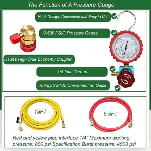 طقم اختبار تسرب ضغط النيتروجين للسيارات/HVAC. أدوات اختبار الضغط، تتضمن منظمًا، ومشعب صمام واحد، وخرطوم أحمر 1/4 بوصة وخرطوم أصفر 1/4 بوصة لتسريبات الخراطيم، والوصلات السائبة، والمبخرات، والمكثفات in Kuwait