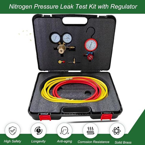 طقم اختبار تسرب ضغط النيتروجين للسيارات/HVAC. أدوات اختبار الضغط، تتضمن منظمًا، ومشعب صمام واحد، وخرطوم أحمر 1/4 بوصة وخرطوم أصفر 1/4 بوصة لتسريبات الخراطيم، والوصلات السائبة، والمبخرات، والمكثفات in Kuwait