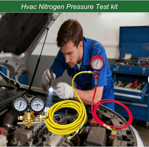 طقم اختبار تسرب ضغط النيتروجين للسيارات/HVAC. أدوات اختبار الضغط، تتضمن منظمًا، ومشعب صمام واحد، وخرطوم أحمر 1/4 بوصة وخرطوم أصفر 1/4 بوصة لتسريبات الخراطيم، والوصلات السائبة، والمبخرات، والمكثفات in Kuwait