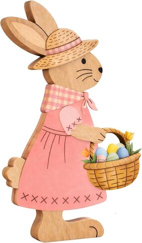 Easter Bunny Decor, Handmade Wooden Easter Bunny with Flower, Cute Easter Decorations for Home, Spring Bunny Figurine in Saudi Arabia
