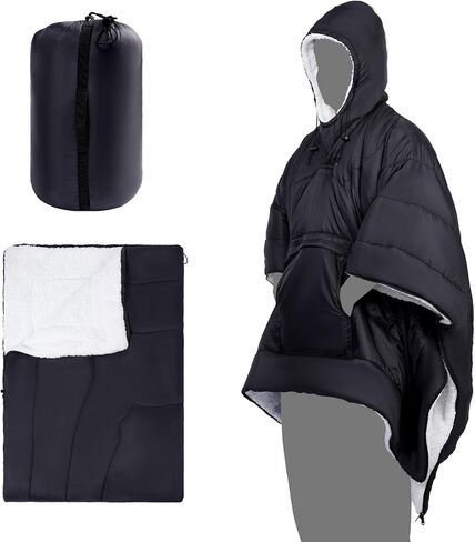 REDCAMP Wearable Camping Poncho Blanket, 4-in-1 Waterproof Windproof Thermal Blanket with Kangaroo Pocket & Carry Bag, Lightweight Portable Insulated Poncho for Outdoor Hiking Stadium,（Black） in Saudi Arabia