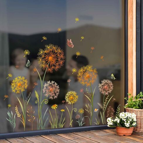Dadenlion Flower Window Clings Yellow Dadenlion الزهور الفراشات ملصقات نافذة الربيع الصيف ثابت نافذة الشارات للمنزل متجر نافذة زجاج الباب الديكور in Kuwait