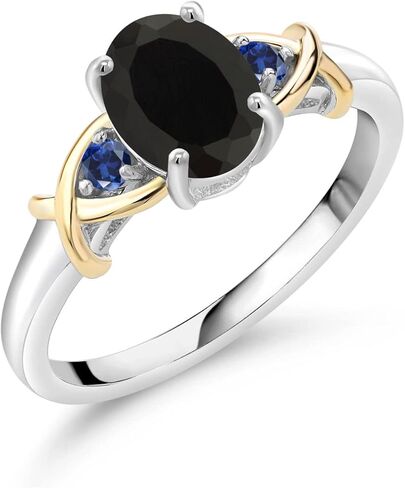 Gem Stone King 925 Sterling Silver and 10K Yellow Gold Oval Black Onyx and Blue Created Sapphire Women Ring (1.69 Cttw, Gemstone Birthstone) in Saudi Arabia