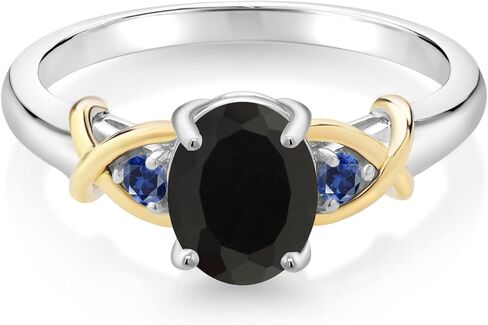 Gem Stone King 925 Sterling Silver and 10K Yellow Gold Oval Black Onyx and Blue Created Sapphire Women Ring (1.69 Cttw, Gemstone Birthstone) in Saudi Arabia