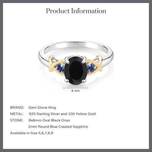 Gem Stone King 925 Sterling Silver and 10K Yellow Gold Oval Black Onyx and Blue Created Sapphire Women Ring (1.69 Cttw, Gemstone Birthstone) in Saudi Arabia