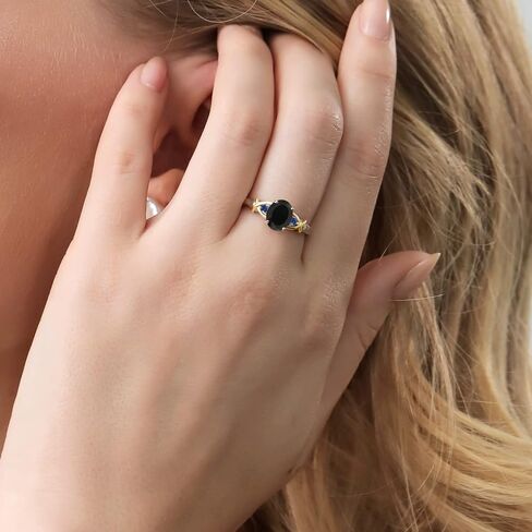 Gem Stone King 925 Sterling Silver and 10K Yellow Gold Oval Black Onyx and Blue Created Sapphire Women Ring (1.69 Cttw, Gemstone Birthstone) in Saudi Arabia