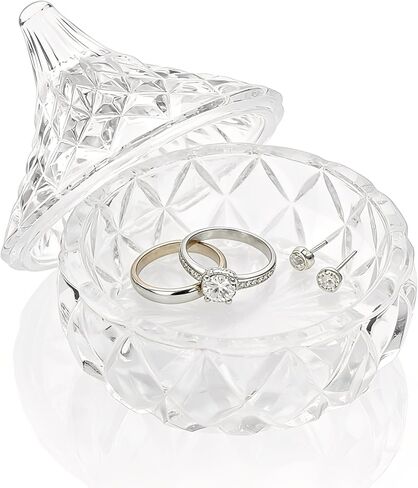 صندوق مجوهرات زجاجي، طبق حلوى كريستال مع غطاء، صندوق حلقي، طبق حلية صغير، طبق منظم مجوهرات مع غطاء، أوعية مجوهرات مزخرفة لديكور المنزل، هدايا عيد الميلاد للنساء (الماس) in Kuwait