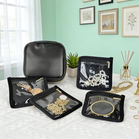 حقيبة مجوهرات صغيرة للسفر، منظمات المجوهرات وتخزينها، حقيبة مجوهرات صغيرة للسفر مع 8 قطع جيوب مخملية بسحاب شفاف للأقراط والخواتم والقلادة والسوار والساعة وأساسيات السفر للنساء in Kuwait
