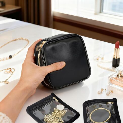 حقيبة مجوهرات صغيرة للسفر، منظمات المجوهرات وتخزينها، حقيبة مجوهرات صغيرة للسفر مع 8 قطع جيوب مخملية بسحاب شفاف للأقراط والخواتم والقلادة والسوار والساعة وأساسيات السفر للنساء in Kuwait