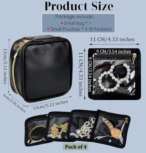 حقيبة مجوهرات صغيرة للسفر، منظمات المجوهرات وتخزينها، حقيبة مجوهرات صغيرة للسفر مع 8 قطع جيوب مخملية بسحاب شفاف للأقراط والخواتم والقلادة والسوار والساعة وأساسيات السفر للنساء in Kuwait