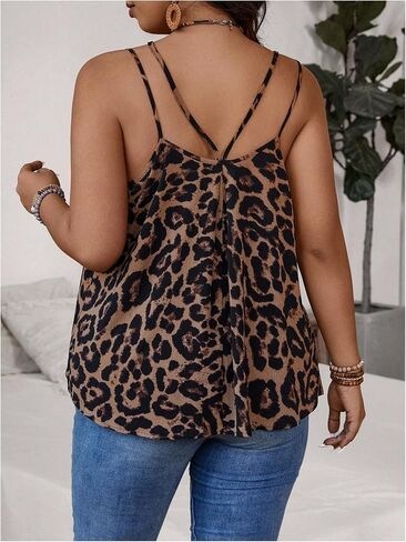 OYOANGLE Women's Plus Size Cheetah Print Camisoles Leopard Sleeveless Deep V Neck Spaghetti Strap Loose Tank Tops in Saudi Arabia