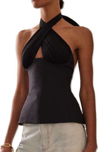 Women Silky Halter Neck Crop Top Sleeveless Crisscross Wrap Tank Top Y2k Summer Slim Fit Backless Cami Top in Saudi Arabia