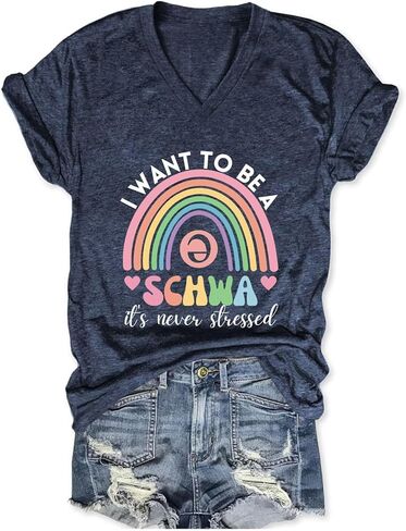 Funny Teacher Shirts Women I Want to Be a Schwa Graphic V Neck T-Shirt Literacy Teacher Tee Reading Teach Life Tshirt in Kuwait