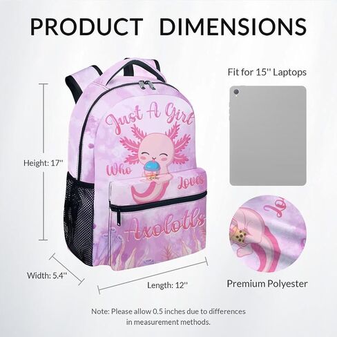 COZYAURA Kids School Backpack - 17 Inch Cute Axolotl Bookbag for Girls - Durable Pink School Bag for Elementary & Travel in Saudi Arabia