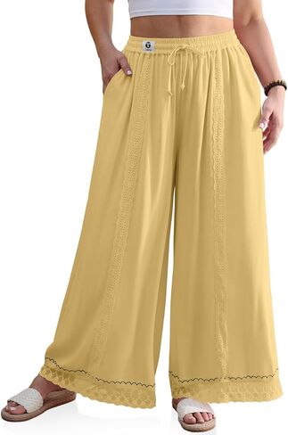 TARSE Womens Linen Wide Leg Pants Loose Boho Lounge Beach Vacation Flowy Lace Summer Pants with Pocket in Saudi Arabia