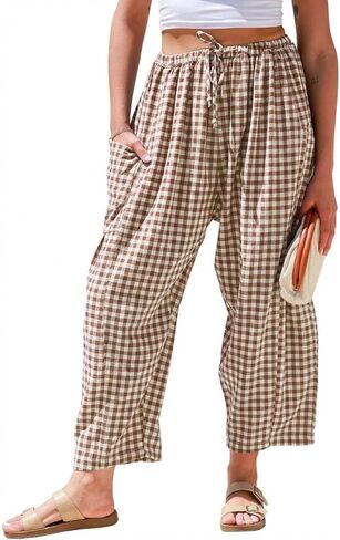 IDEALSANXUN Womens Gingham Pants Spring Summer Casual Loose Wide Leg Palazzo Beach Boho Harem Pants in Saudi Arabia