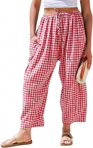 سروال Gingham للسيدات من IDEALSANXUN للربيع والصيف كاجوال فضفاض وواسع الساق Palazzo Beach Boho Harem Pants in Kuwait