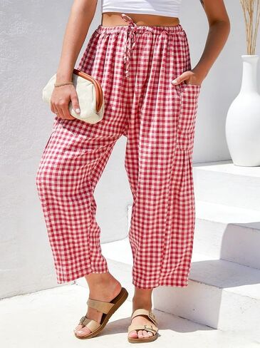 سروال Gingham للسيدات من IDEALSANXUN للربيع والصيف كاجوال فضفاض وواسع الساق Palazzo Beach Boho Harem Pants in Kuwait