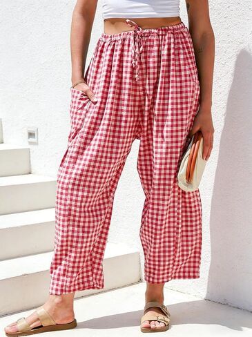سروال Gingham للسيدات من IDEALSANXUN للربيع والصيف كاجوال فضفاض وواسع الساق Palazzo Beach Boho Harem Pants in Kuwait