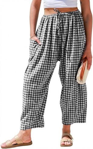 سروال Gingham للسيدات من IDEALSANXUN للربيع والصيف كاجوال فضفاض وواسع الساق Palazzo Beach Boho Harem Pants in Kuwait