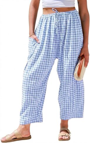 سروال Gingham للسيدات من IDEALSANXUN للربيع والصيف كاجوال فضفاض وواسع الساق Palazzo Beach Boho Harem Pants in Kuwait