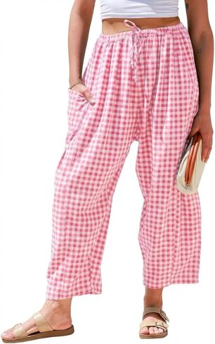 سروال Gingham للسيدات من IDEALSANXUN للربيع والصيف كاجوال فضفاض وواسع الساق Palazzo Beach Boho Harem Pants in Kuwait