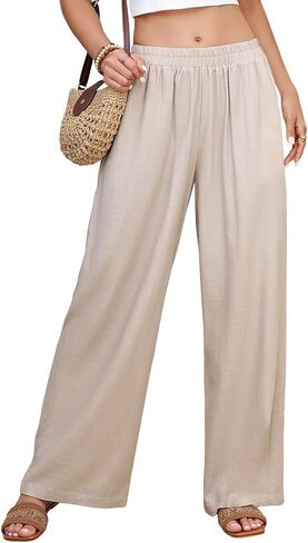 Yusongirl الكتان بنطال ذو قصة أرجل واسعة النساء بالازو الصيف فلوي السراويل عطلة الشاطئ مرونة الخصر السفر بنطلون مع جيوب in Kuwait