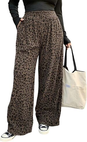 Women's Leopard Cheetah Corduroy Wide Leg Pants Elastic High Waisted Baggy Pants Casual Trousers in Kuwait