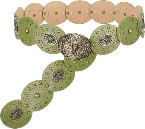 LEACOOLKEY Women's Boho Disc Belt Cowboy Wide Western Concho Leather Belt for Dresses Jeans Pants in Kuwait